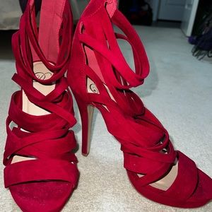 Red suede strappy platform heels